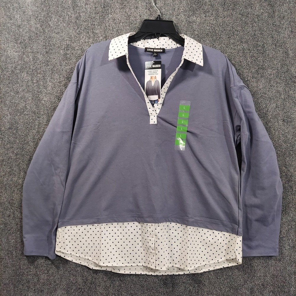 Steve Madden Blouse Womens Large Blue Collared Twofer Layered Long‎ Sleeve Top